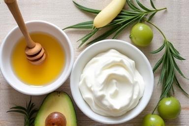 Ingredients for a DIY hair mask like yogurt and honey in bowls
